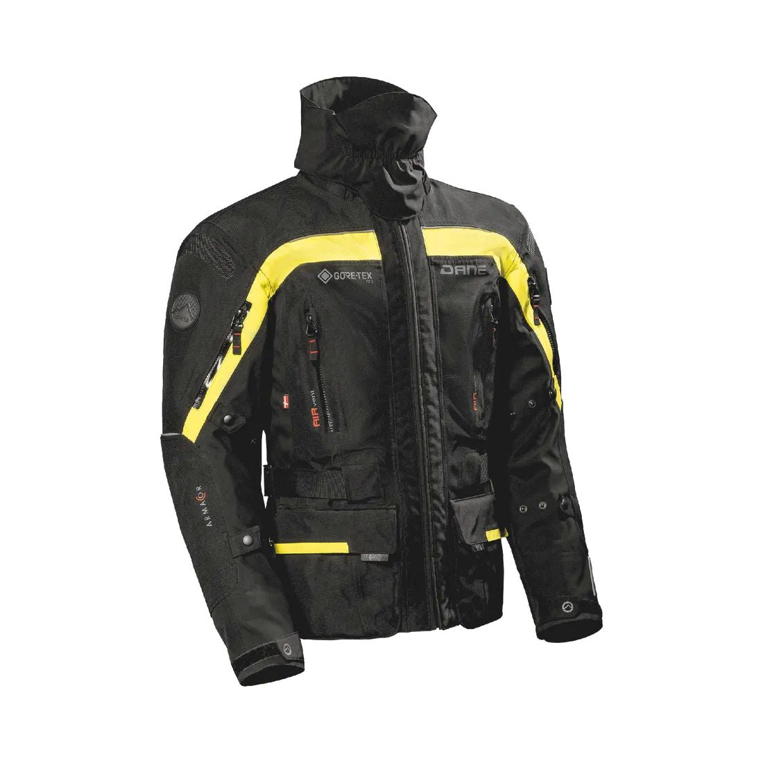 motorcycle jacket dane nimbus pro goretex windproof waterproof breathable summer jacket thermal liner insulation stretch tex armacor 3d mesh inner pockets ventilation storm collar black fluorescent yellow riding alpine touring adventure adv