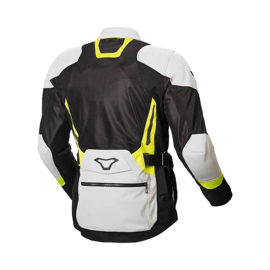 motorcycle jacket macna aerocon waterproof thermal ventilation vents nighteye gray neon yellow touring adventure adv back reflective