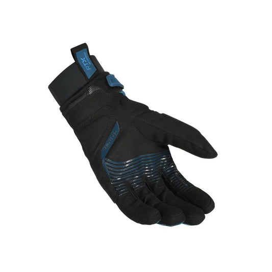 motorcycle gloves macna crew rtx waterproof ergo thumb touch tip black navy touring adventure adv bottom