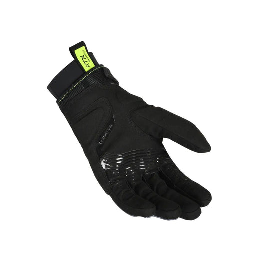 motorcycle gloves macna crew rtx waterproof ergo thumb touch tip black neon yellow touring adventure adv bottom
