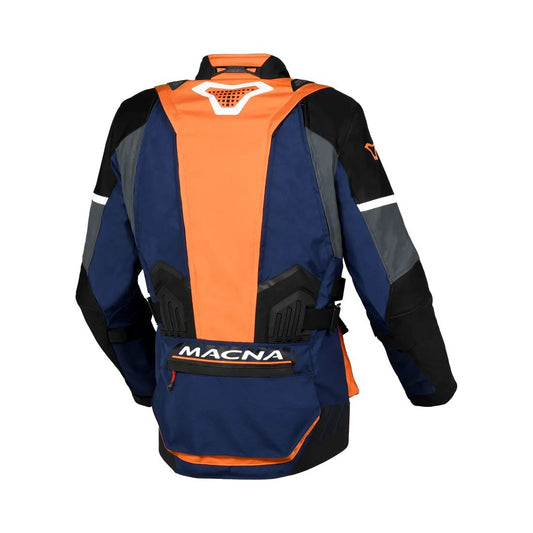 motorcycle jacket macna domane mesh thermos raintex nighteye epg vision tech dark blue orange black touring adventure adv back