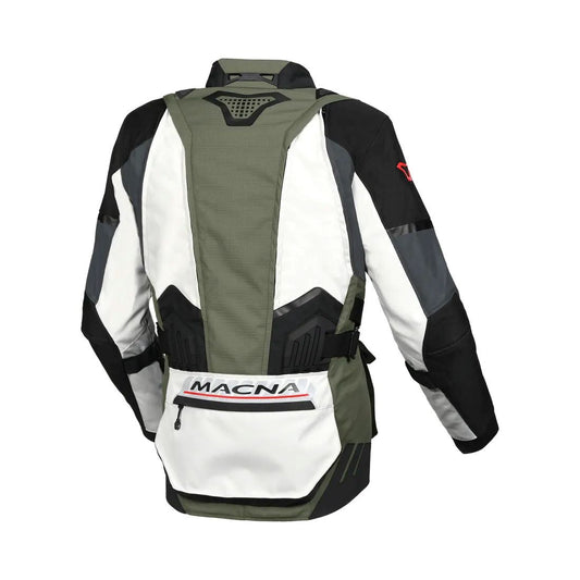 motorcycle jacket macna domane mesh thermos raintex nighteye epg vision tech light gray green black touring adventure adv back