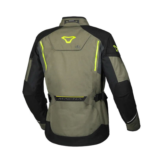 motorcycle jacket macna mundial mesh raintex thermos vents ventilation easy cuff green neon black touring adventure adv back