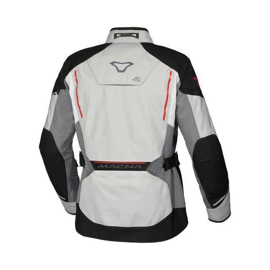 motorcycle jacket macna mundial mesh raintex thermos vents ventilation easy cuff gray black red touring adventure adv back