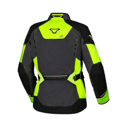 motorcycle jacket macna mundial mesh raintex thermos vents ventilation easy cuff gray neon yellow black touring adventure adv back