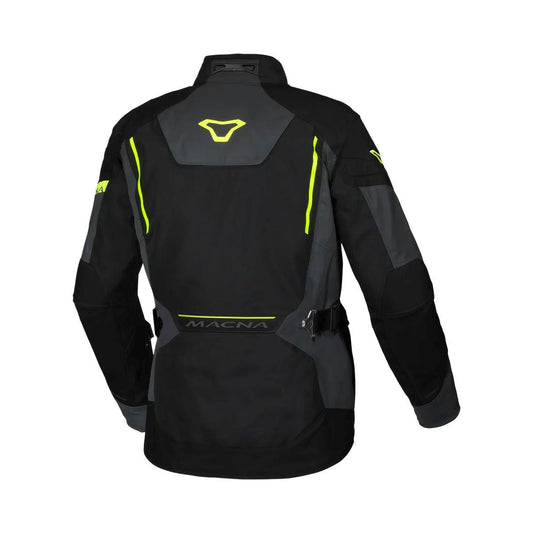 motorcycle jacket macna mundial mesh raintex thermos vents ventilation easy cuff gray neon yellow black nighteye night eye touring adventure adv back