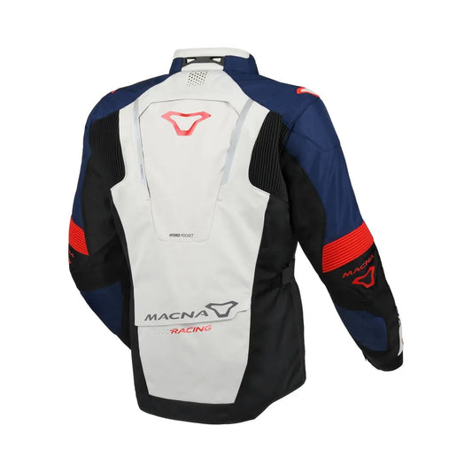 motorcycle jacket macna notch waterproof stretch rain shell insulated LED light prepared air vents ventilation epg gray blue red touring adventure adv back