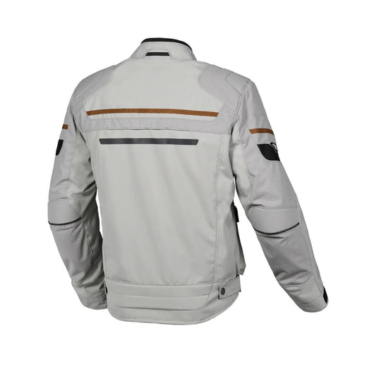 motorcycle jacket macna oryon raintex mesh laminated detachable thermos RISC reflection air vents ventilation light gray touring adventure adv back