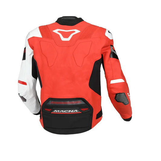 motorcycle jacket macna pointer ventilation vents perforated leather summer risc cow leather black red white touring adventure adv back