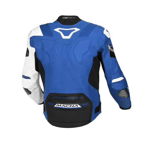 motorcycle jacket macna pointer ventilation vents perforated leather summer risc cow leather white blue black touring adventure adv back