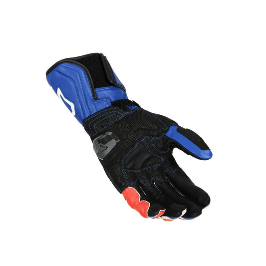 motorcycle gloves macna powertrack armax goat cow kangaroo leather knuckle finger lam protection tpr cuff ergo thumb blue black white racing touring adventure adv palm
