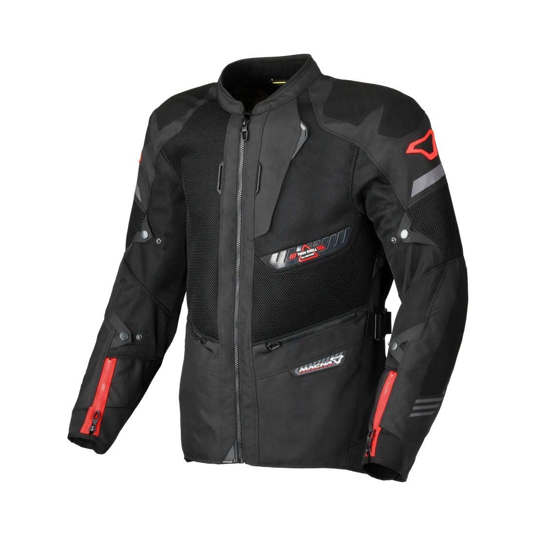 motorcycle jacket macna waterproof twinshell twin shell vents ventilation raintex laminated vision tech led light epg black touring adventure adv core front