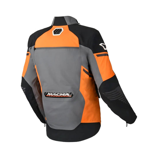motorcycle jacket macna waterproof twinshell twin shell vents ventilation raintex laminated vision tech led light epg gray orange black touring adventure adv back
