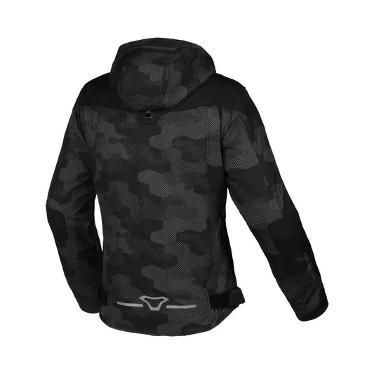 motorcycle jacket macna territory womens waterproof softshell mesh raintex membrane thermos detachable vents ventilation air panels hoodie gray camo black touring adventure adv back