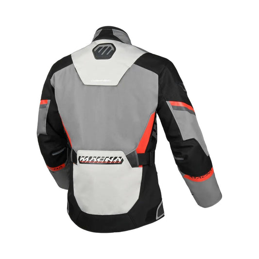 motorcycle jacket macna zatra womens air panels vents ventilation raintex mesh laminated vision tech prepared led light night eye nighteye retro reflective tech epg air scoop gray red black touring adventure adv back