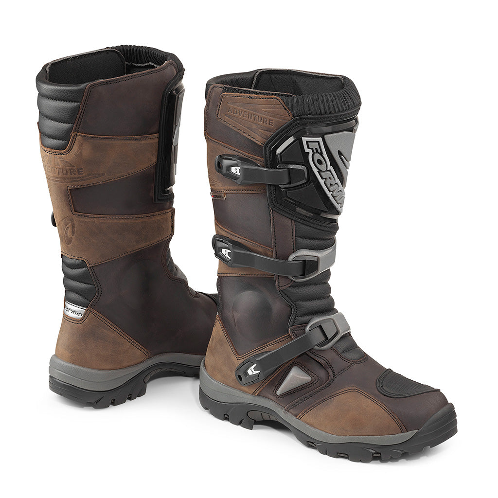 Forma Adventure dry motorcycle boots, brown adv touring riding waterproof main home usa global footwear comfort hiking safety tech high best quality fitment leather 