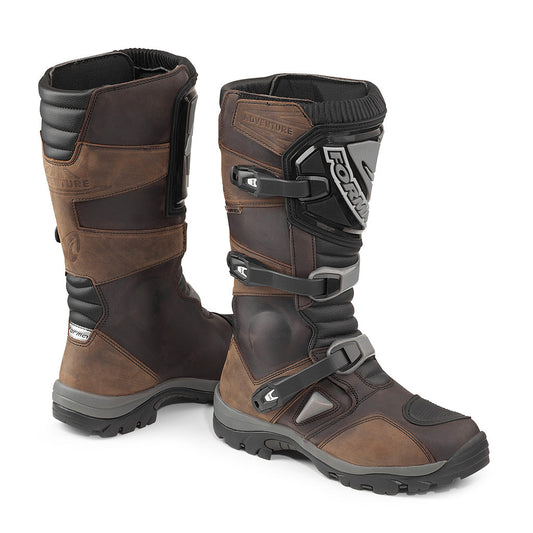 Forma Adventure dry motorcycle boots, brown adv touring riding waterproof main home usa global footwear comfort hiking safety tech high best quality fitment leather 