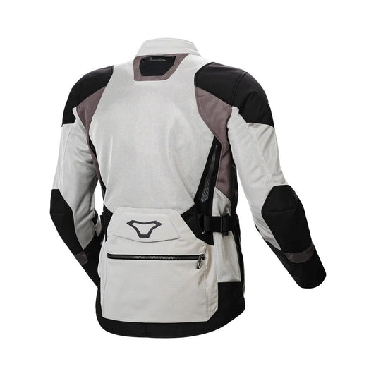 motorcycle jacket macna aerocon waterproof thermal ventilation vents beige brown white gray black touring adventure adv back