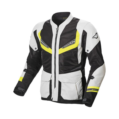 motorcycle jacket macna aerocon waterproof thermal ventilation vents nighteye gray neon yellow touring adventure adv front reflective