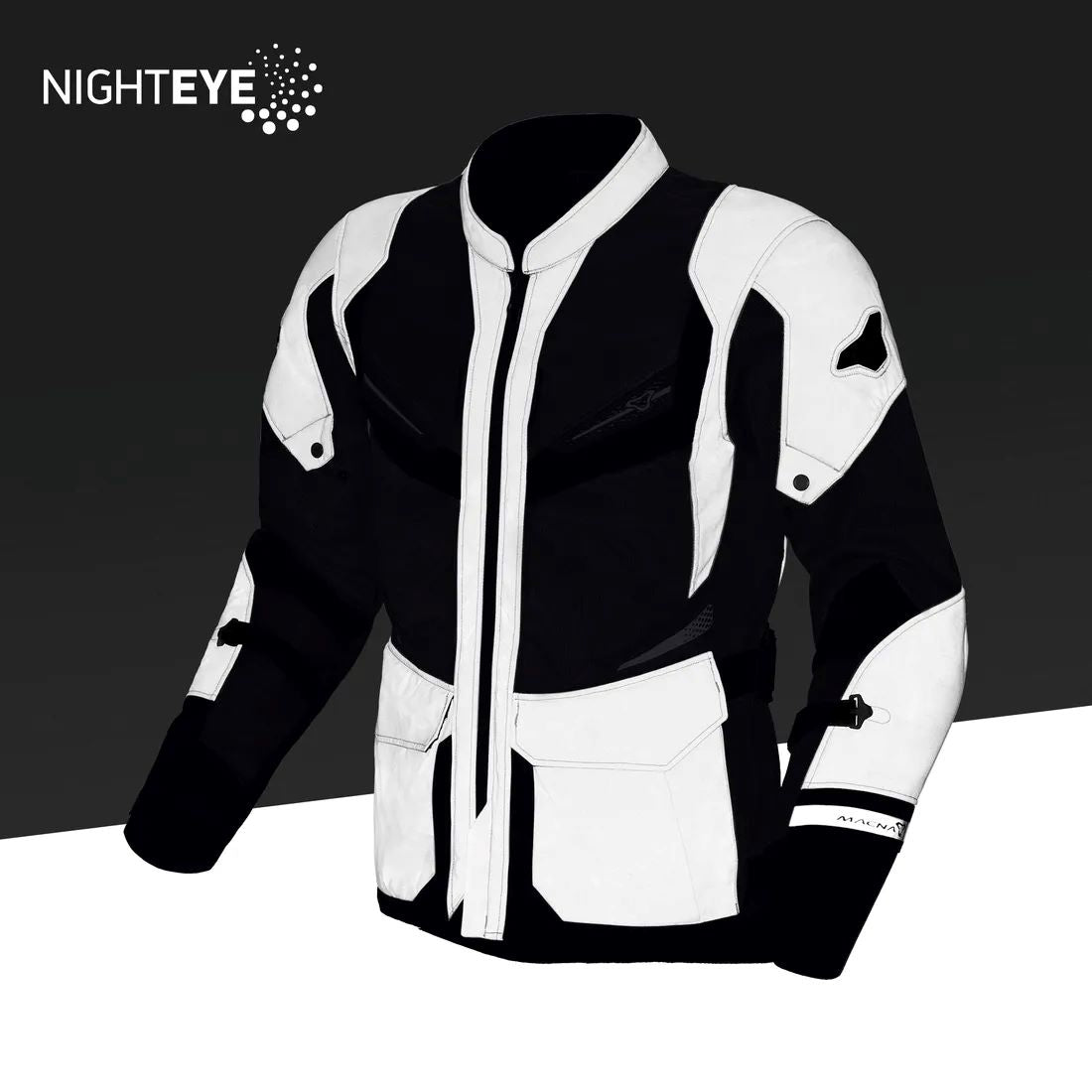 motorcycle jacket macna aerocon waterproof thermal ventilation vents nighteye gray neon yellow touring adventure adv front reflective dark