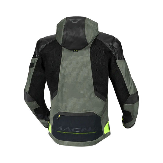 motorcycle jacket macna bradical waterproof liner raintex mesh laminated ventilation vents hoodie black green neon touring adventure adv back 