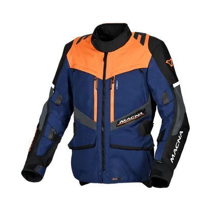 motorcycle jacket macna domane mesh thermos raintex nighteye epg vision tech dark blue orange black touring adventure adv front