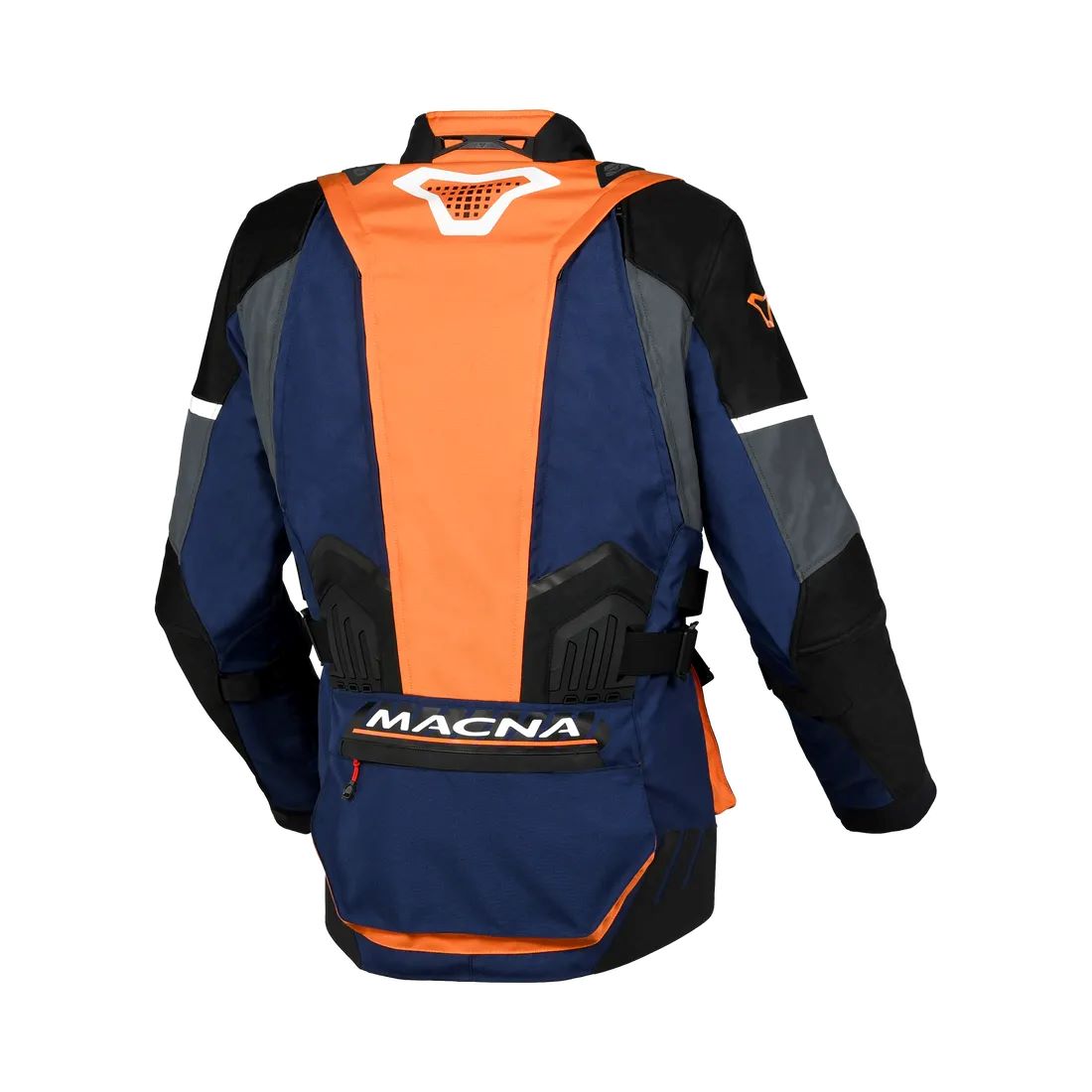 motorcycle jacket macna domane mesh thermos raintex nighteye epg vision tech dark blue orange black touring adventure adv back