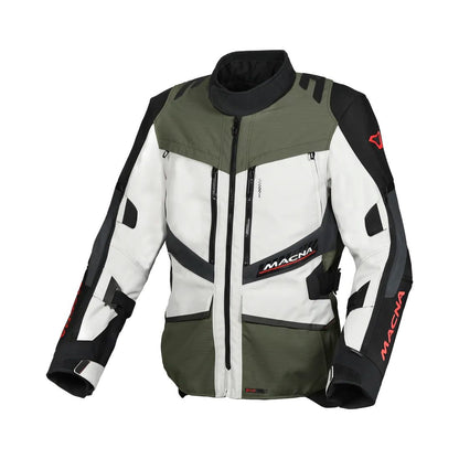 motorcycle jacket macna domane mesh thermos raintex nighteye epg vision tech light gray green black touring adventure adv front