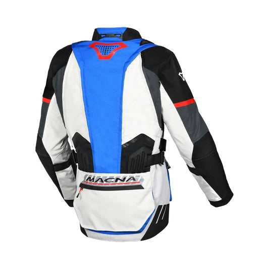 motorcycle jacket macna domane mesh thermos raintex nighteye epg vision tech light gray blue black touring adventure adv back
