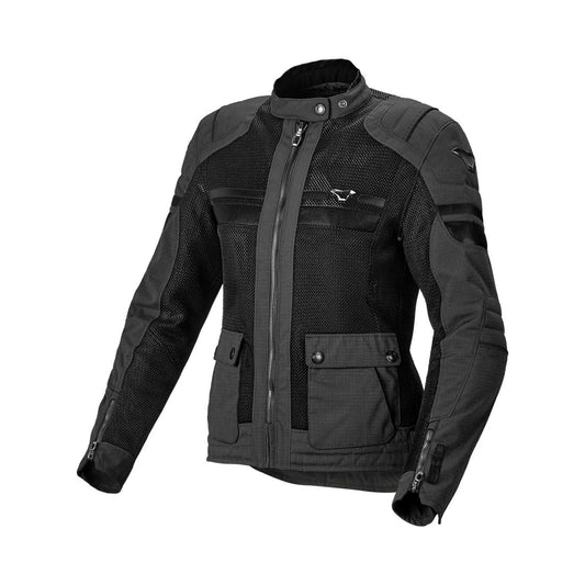 motorcycle jacket macna fluent womens vents ventilation mesh ripstop black touring adventure adv front