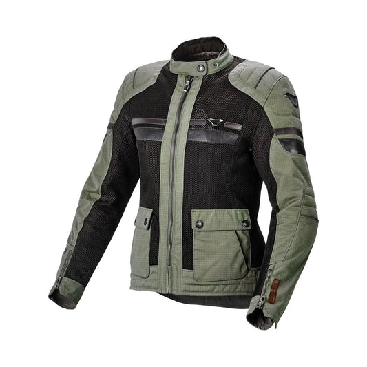 motorcycle jacket macna fluent womens vents ventilation mesh ripstop green black touring adventure adv front

