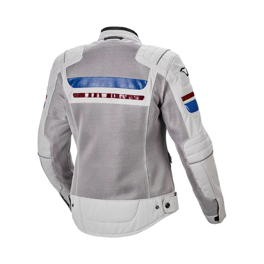 motorcycle jacket macna fluent womens vents ventilation mesh ripstop light gray red blue touring adventure adv front
