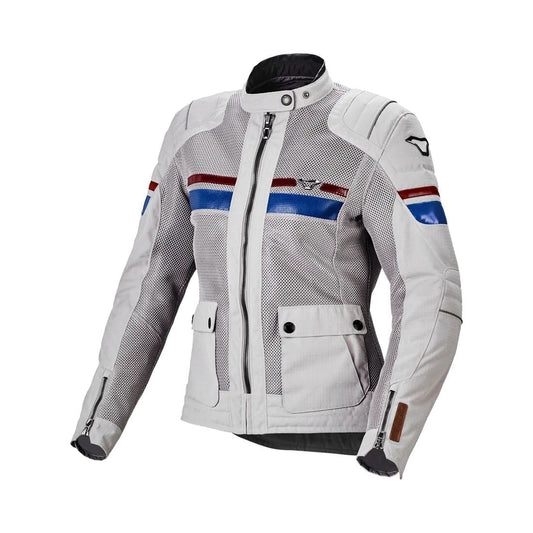 
motorcycle jacket macna fluent womens vents ventilation mesh ripstop light gray red blue touring adventure adv front
