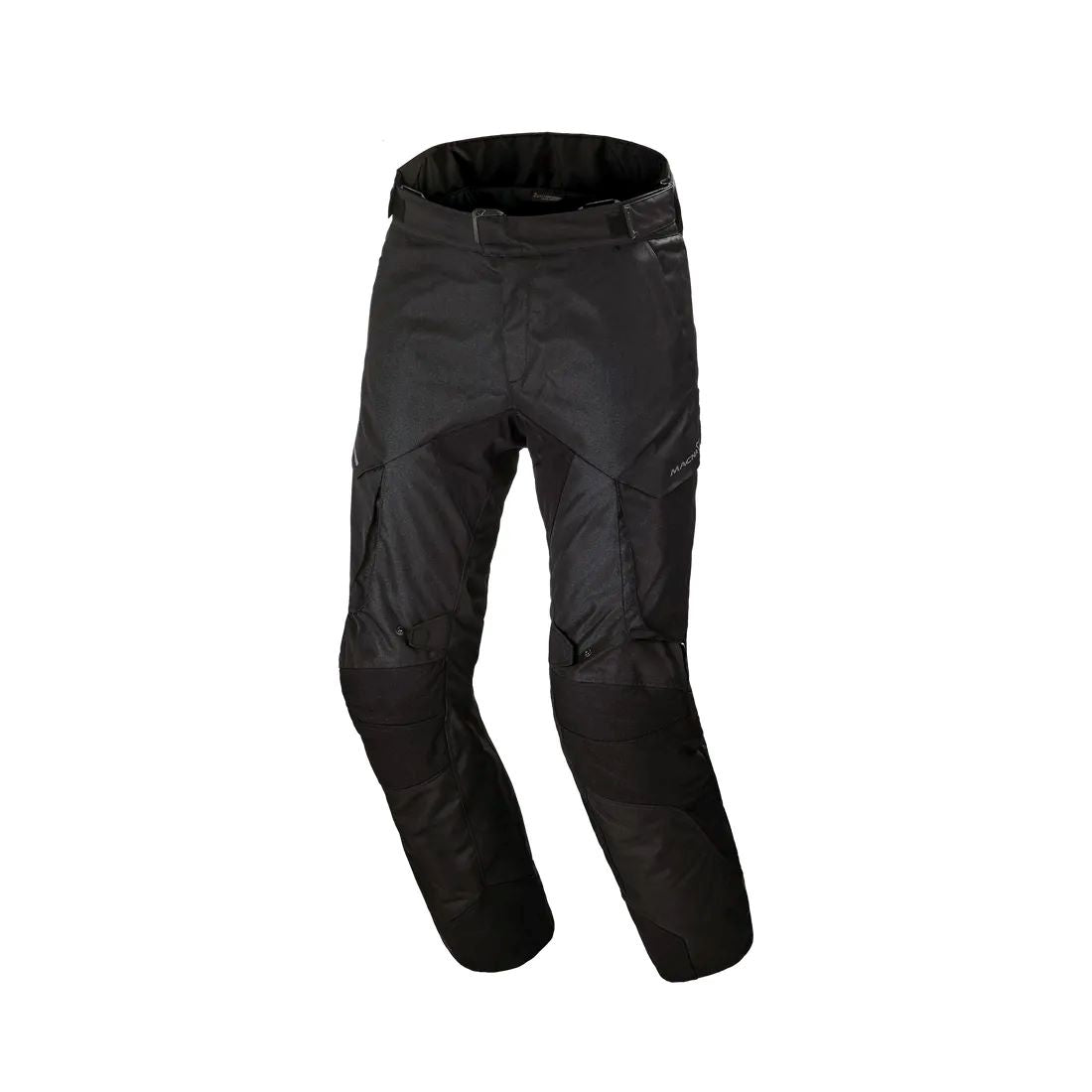 motorcycle pants macna forge waterproof raintex mesh heat shield waist lock black touring adventure adv front