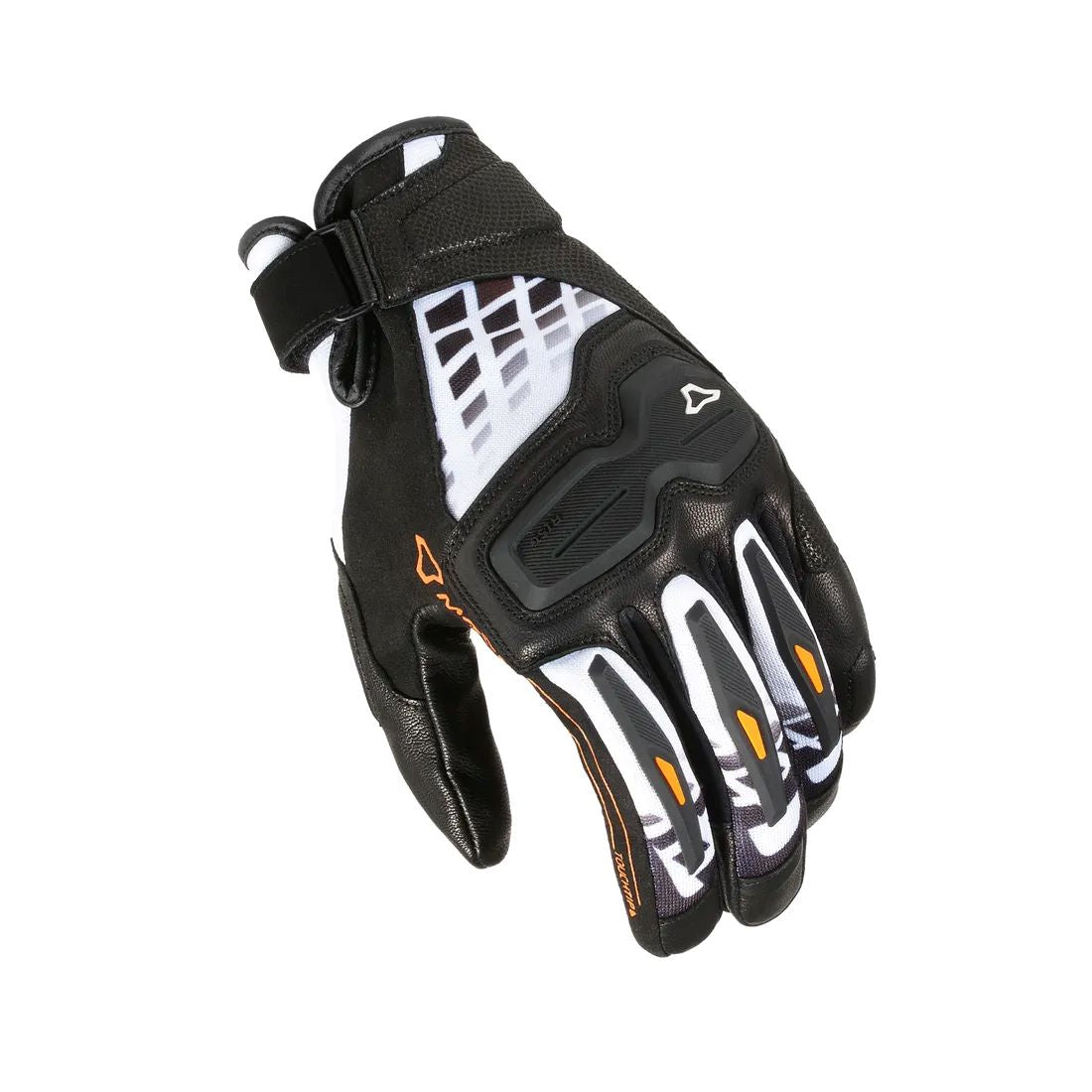 motorcycle gloves macna haros goat leather tpr knuckle palm finger thumb black white orange touring adventure adv top