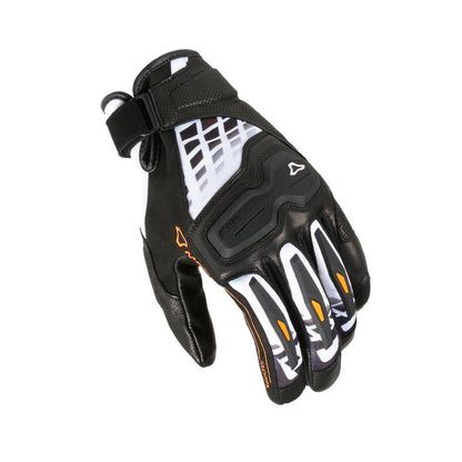 motorcycle gloves macna haros goat leather tpr knuckle palm finger thumb black white orange touring adventure adv top