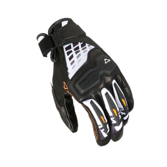 motorcycle gloves macna haros goat leather tpr knuckle palm finger thumb black white orange touring adventure adv top