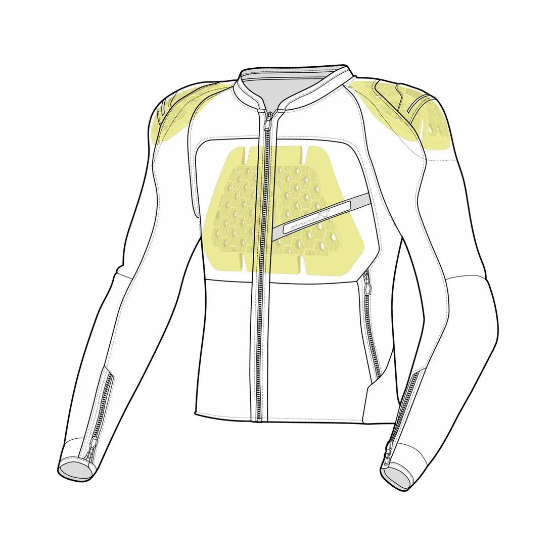 motorcycle jacket macna korus air burst vents ventilation mesh stretch black white touring adventure adv front diagram

