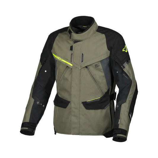 motorcycle jacket macna mundial mesh raintex thermos vents ventilation easy cuff green neon black touring adventure adv front
