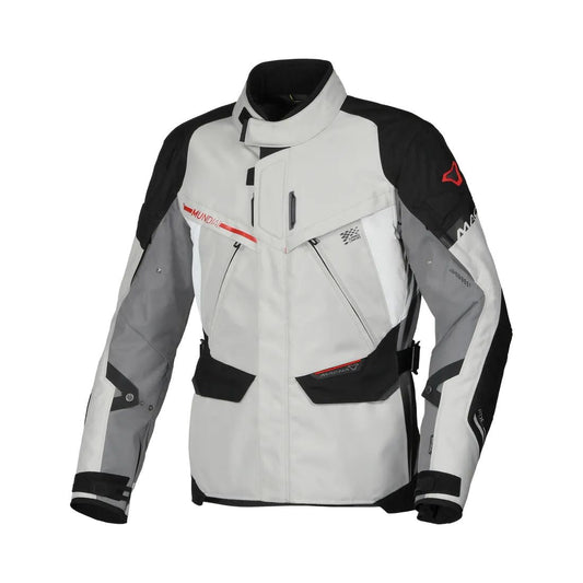 motorcycle jacket macna mundial mesh raintex thermos vents ventilation easy cuff gray black red touring adventure adv front
