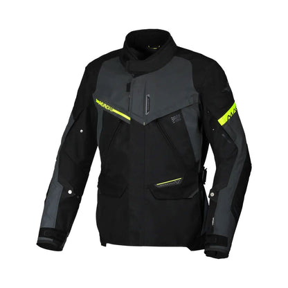 motorcycle jacket macna mundial mesh raintex thermos vents ventilation easy cuff gray neon yellow black nighteye night eye touring adventure adv front