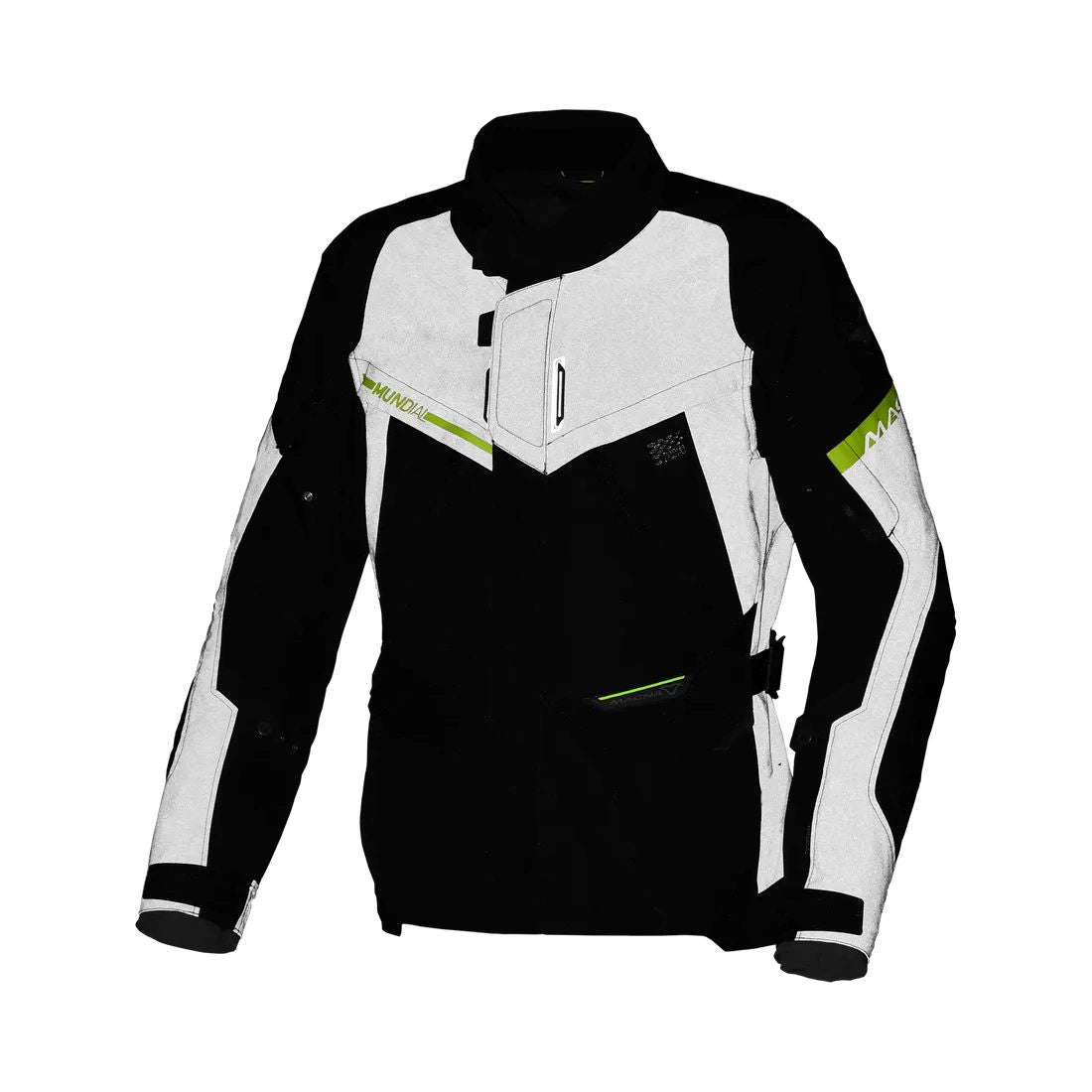 motorcycle jacket macna mundial mesh raintex thermos vents ventilation easy cuff gray neon yellow black nighteye night eye touring adventure adv front