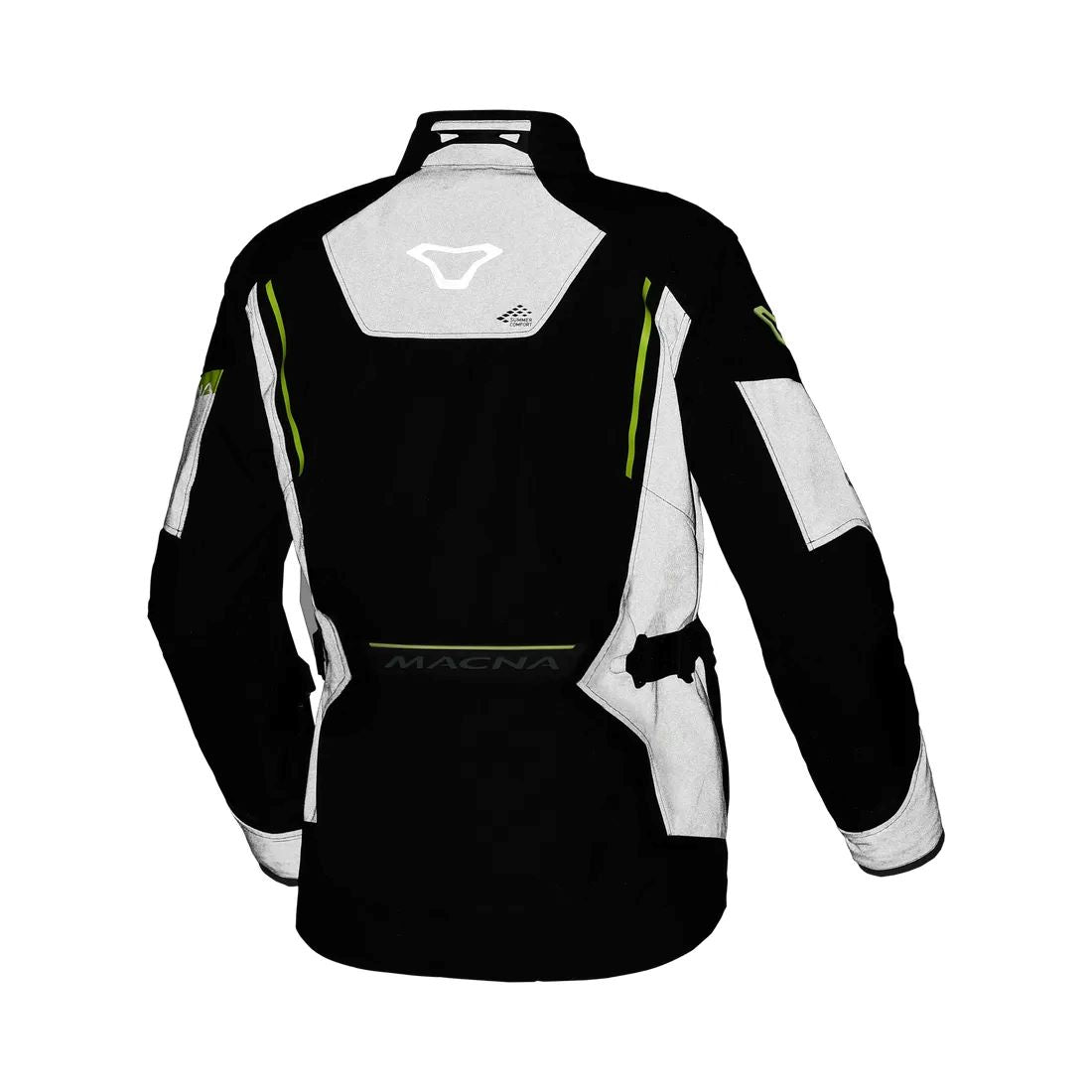 motorcycle jacket macna mundial mesh raintex thermos vents ventilation easy cuff gray neon yellow black nighteye night eye touring adventure adv back