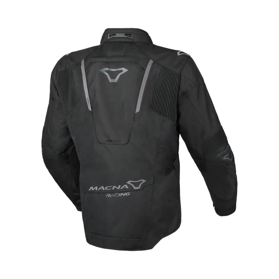 motorcycle jacket macna notch waterproof stretch rain shell insulated LED light prepared air vents ventilation epg black touring adventure adv back
