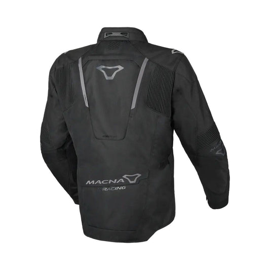 motorcycle jacket macna notch waterproof stretch rain shell insulated LED light prepared air vents ventilation epg black touring adventure adv back