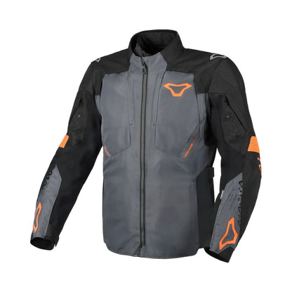 motorcycle jacket macna notch waterproof stretch rain shell insulated LED light prepared air vents ventilation epg orange gray black touring adventure adv front