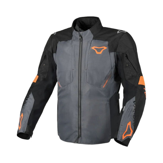 motorcycle jacket macna notch waterproof stretch rain shell insulated LED light prepared air vents ventilation epg orange gray black touring adventure adv front