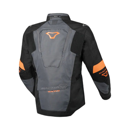 motorcycle jacket macna notch waterproof stretch rain shell insulated LED light prepared air vents ventilation epg orange gray black touring adventure adv back