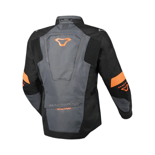 motorcycle jacket macna notch waterproof stretch rain shell insulated LED light prepared air vents ventilation epg orange gray black touring adventure adv back