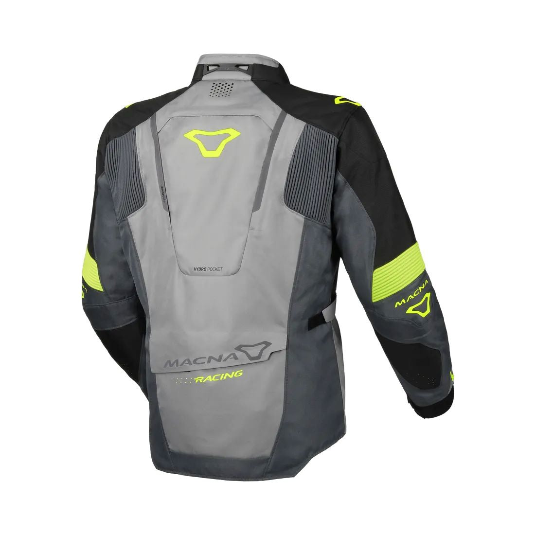 motorcycle jacket macna notch waterproof stretch rain shell insulated LED light prepared air vents ventilation epg gray black neon touring adventure adv back
